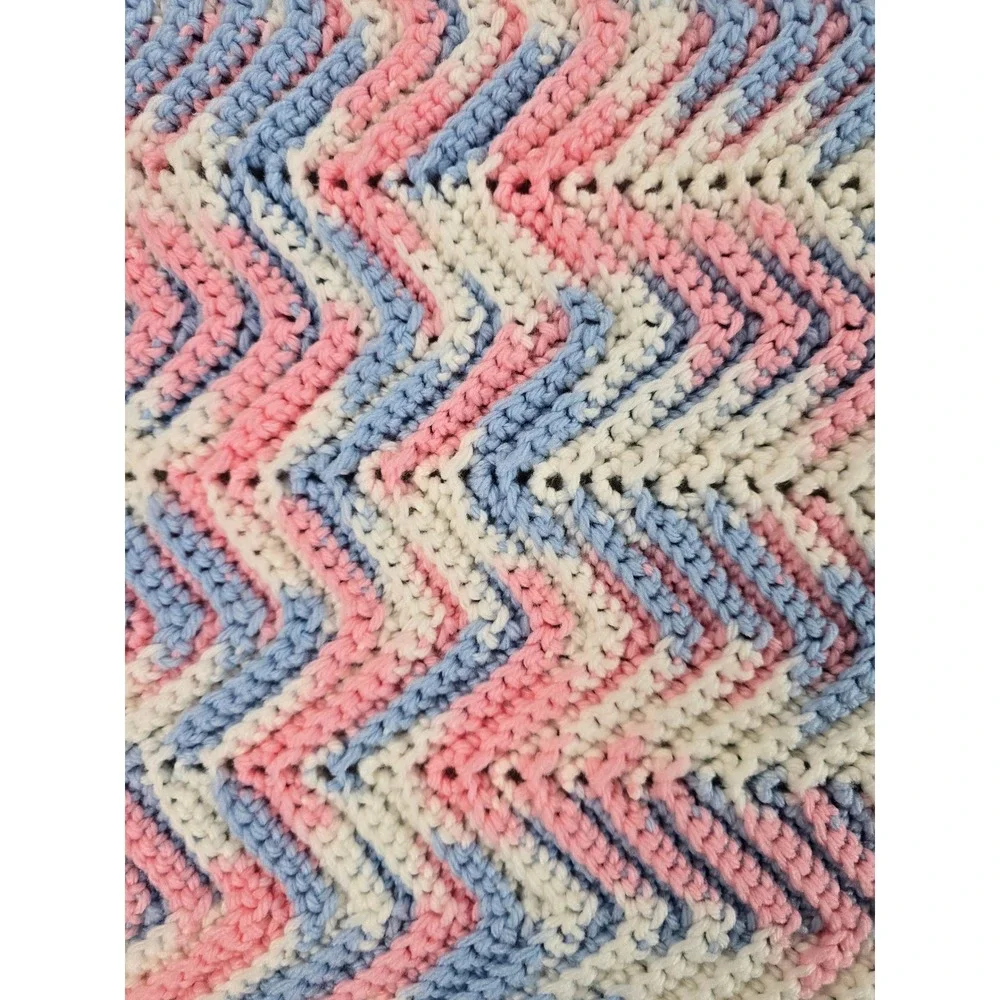 Vtg 90s Handmade Crochet Chevron Baby Blanket Pink Blue Tummy Time Afghan 26x29